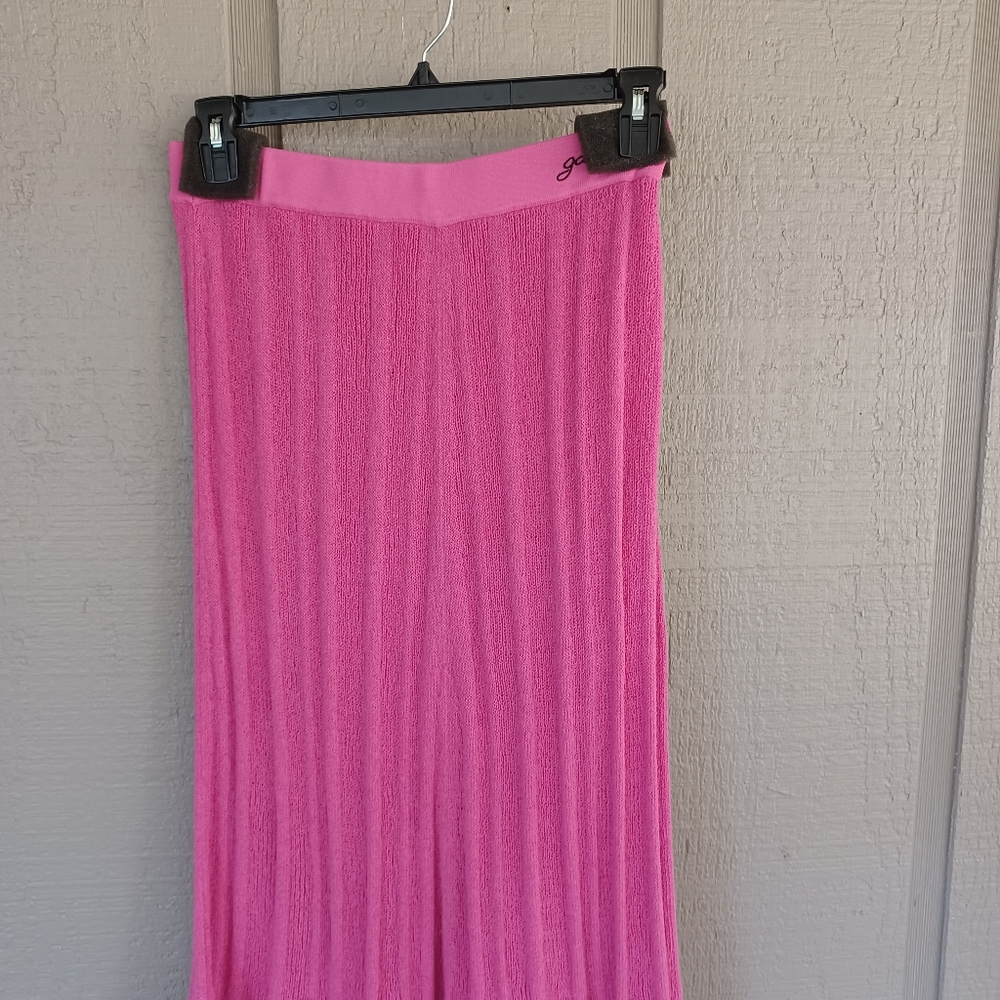 Ganni Ruffle Knit Midi Skirt Size M Women Preppy Linen Blend Pull On In Pink - Picture 3 of 15